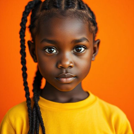 Portrait of a cute little African American girl on orange backgroundの素材
