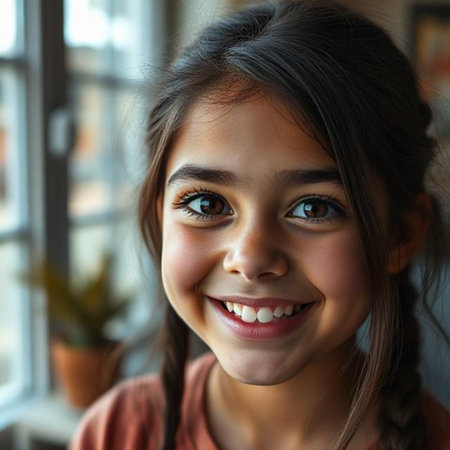 Portrait of a smiling little girl with long braids looking at cameraの素材