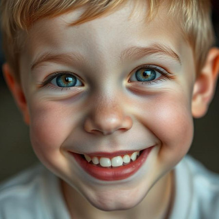 Portrait of a smiling little boy with blue eyes and blond hairの素材