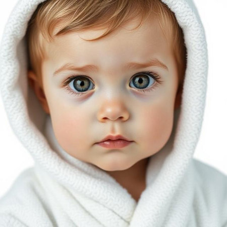 Portrait of a cute little boy with blue eyes in a white bathrobeの素材