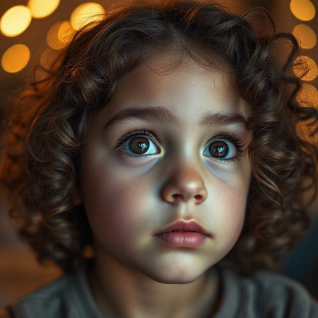 Portrait of a cute little girl with curly hair and blue eyesの素材