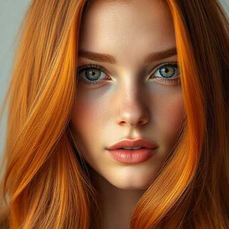 Portrait of a beautiful red-haired girl with bright make-upの素材