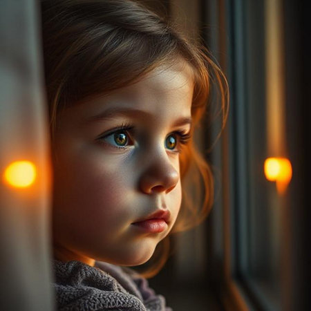 Portrait of a cute little girl with blue eyes looking out the windowの素材