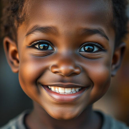 Close up portrait of a cute little black boy smiling at the cameraの素材