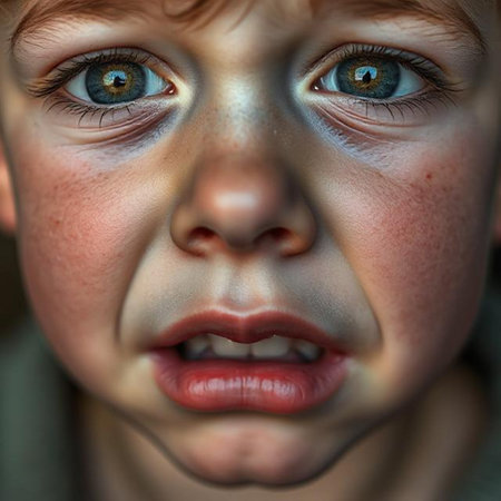Close-up portrait of a little boy with tears in his eyesの素材