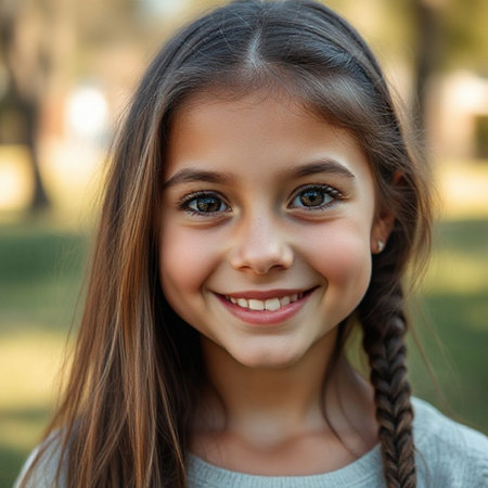 Portrait of a beautiful little girl with pigtails in the parkの素材