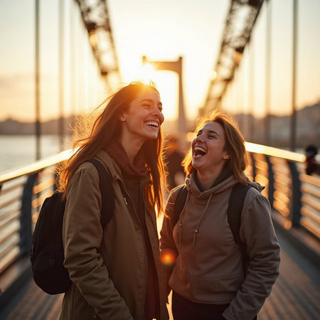 Two happy young women walking on the bridge at sunset in Budapest, Hungaryの素材