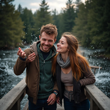Couple in love having fun on a wooden bridge in the forest.の素材