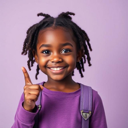 Portrait of a cute African American little girl smiling and showing thumbs upの素材