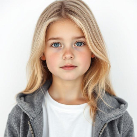 portrait of little girl with blond hair and blue eyes on white backgroundの素材
