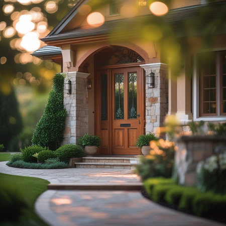 Entrance to luxury house with stone porch and green garden in eveningの素材