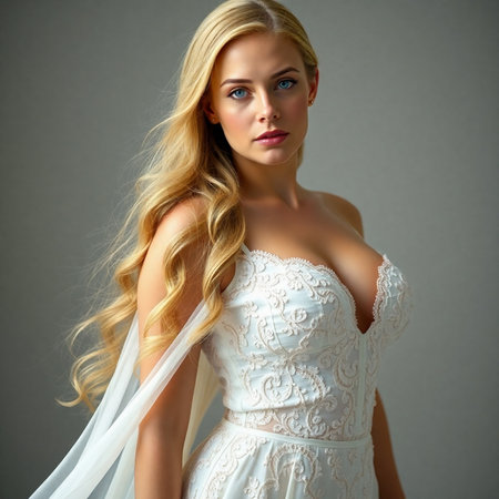Portrait of beautiful young blonde woman in white wedding dress. Studio shot.の素材