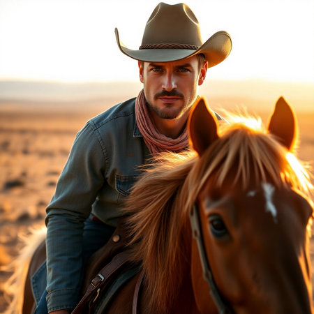 Cowboy with his horse in the field at sunset. Western cowboy.の素材