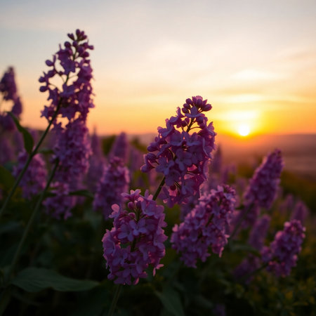 Lilac flowers in the field at sunset. Beautiful summer landscape.の素材