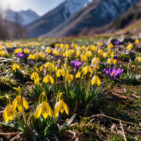 Beautiful spring flowers in the mountains. Crocus, snowdropの素材