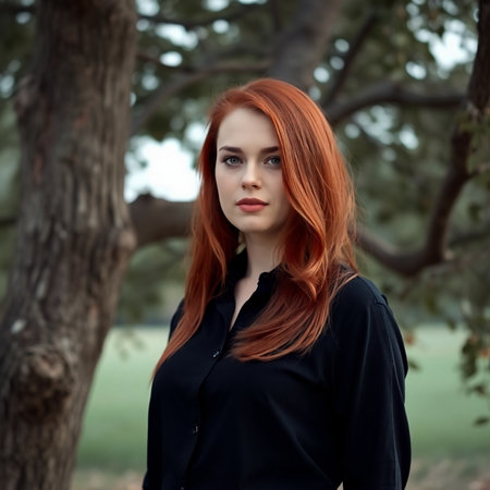 Portrait of a beautiful young woman with red hair in the parkの素材