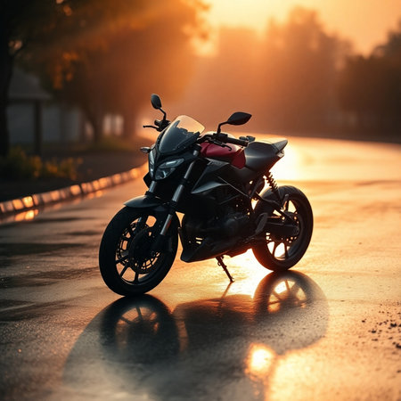 Motorcycle on the road at sunset in the rays of the setting sunの素材