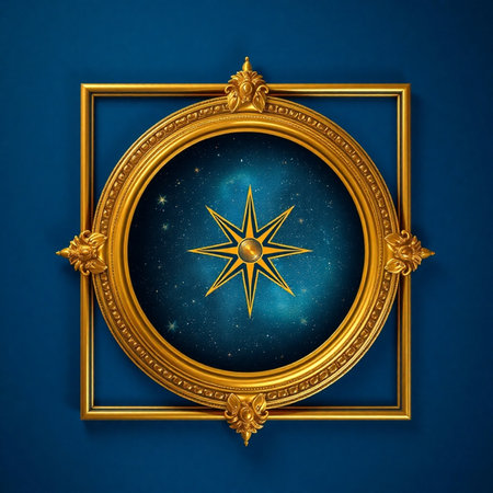 Retro compass in a frame on a blue background. 3d renderingの素材
