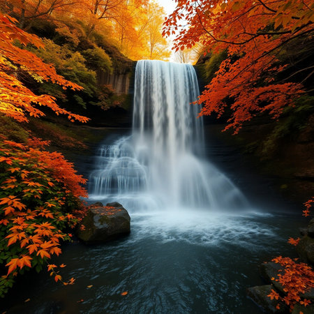 Autumn waterfall in the forest with colorful leaves, fall season conceptの素材