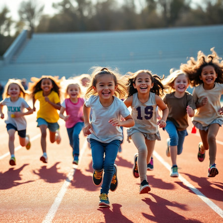 Group of happy kids running together on the stadium track at school.の素材