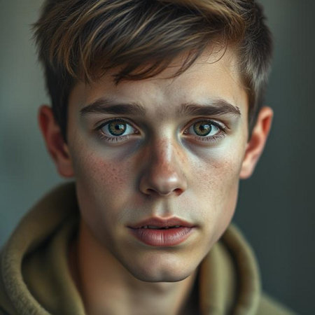 Portrait of a young man with freckles on his faceの素材