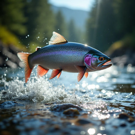 Rainbow trout fishing in a mountain river. Shallow depth of field.の素材