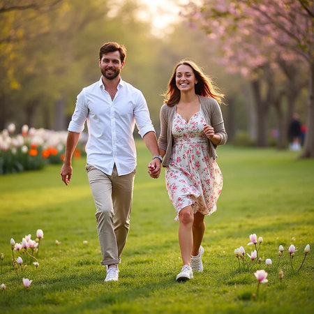 Happy young couple in love walking in the park on a spring dayの素材