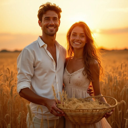 Happy young couple in love holding basket of wheat in the field at sunsetの素材