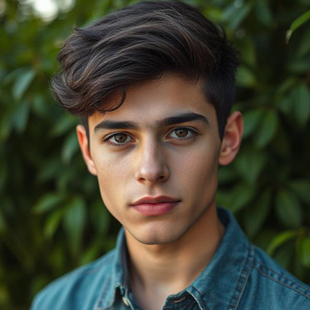 Portrait of a handsome young man in a denim jacket, outdoors.の素材