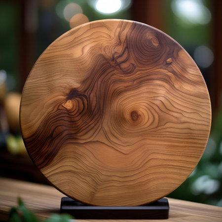 Wooden round cutting board on the table in a cafe or restaurantの素材