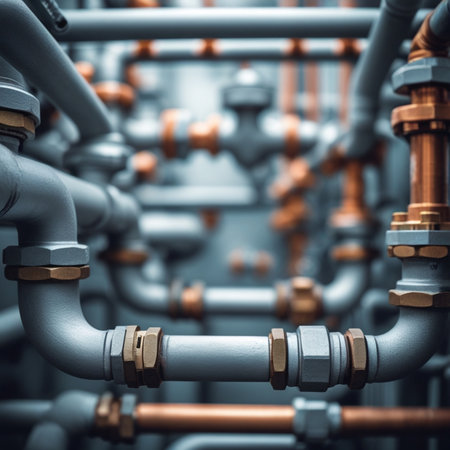 Industrial zone, Steel pipelines and valves on a blue toned backgroundの素材