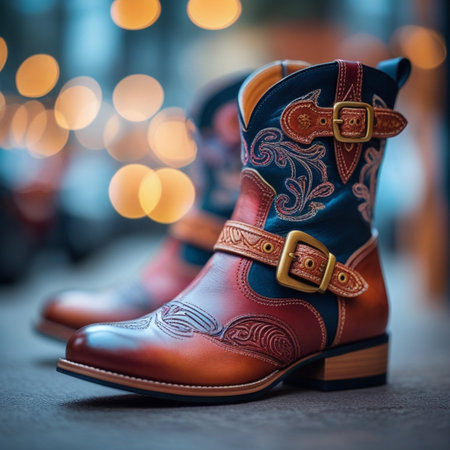 Women's boots on a background of bokeh lights. Shallow depth of fieldの素材