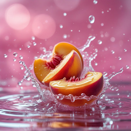 Water splash with peaches, close-up, on pink backgroundの素材
