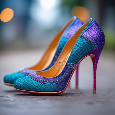 Closeup of a pair of colorful high heeled shoes on the pavementの素材