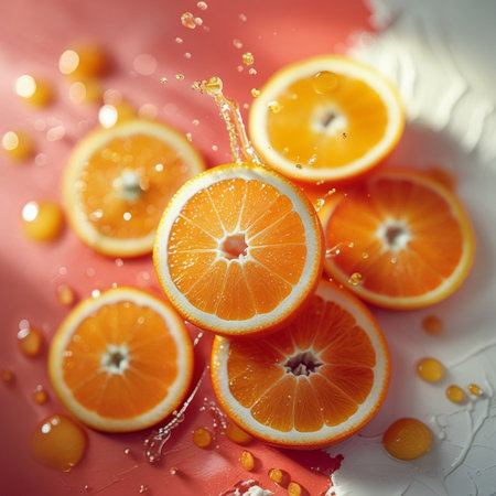 Slices of orange in water splashes on a red backgroundの素材