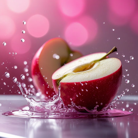 Red apple falling into water with splash on bokeh background.の素材