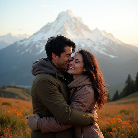 Couple in love on the background of the mountains and the flowersの素材
