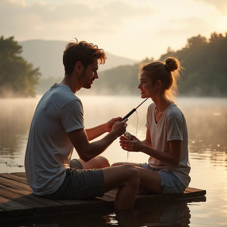Young couple sitting on a pier and fishing on a lake at sunsetの素材