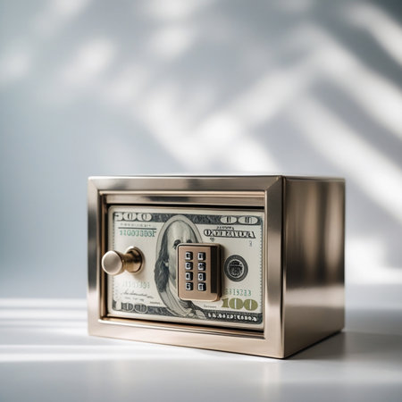 Dollar banknotes in a metal safe on a white table.の素材