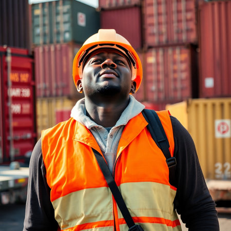 Portrait of African-American male worker wearing safety helmet and reflective vest. Portrait of African-American worker at overseas shipping yard.の素材