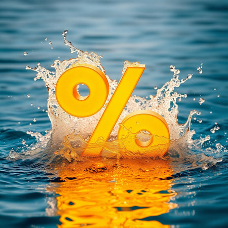 Percentage sign in water with splash. 3d render illustration.の素材