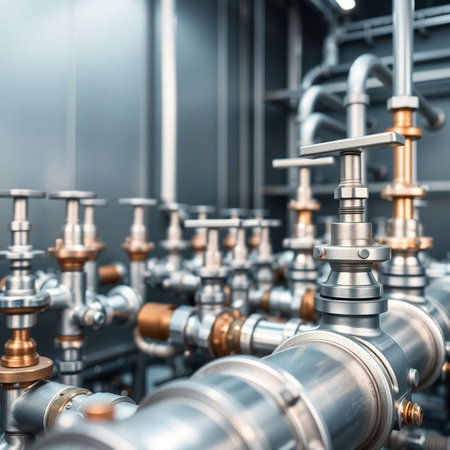 Pipes and valves in a modern factory. Industrial background with copy spaceの素材