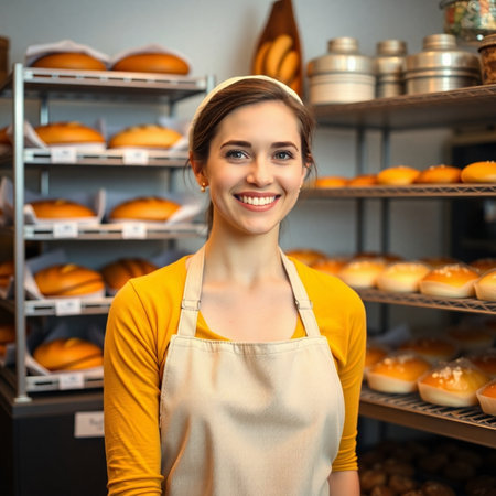 Portrait of a beautiful young woman in apron at the bakery.の素材