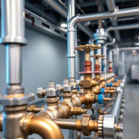 Pipes and valves in a modern boiler room. Industry background.の素材
