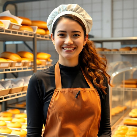 Portrait of smiling female baker standing in bakery and looking at cameraの素材
