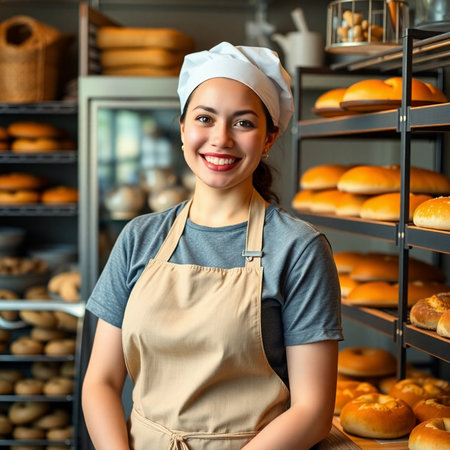 Portrait of a smiling female baker standing in a bakery and looking at cameraの素材