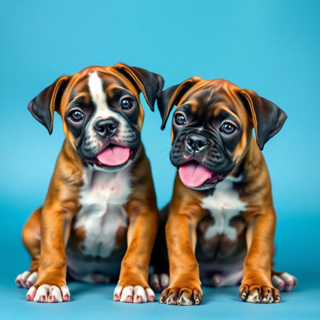 Two cute boxer puppies sitting together on blue background. Studio shot.の素材