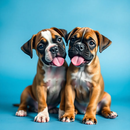 Two cute puppies sitting on blue background and sticking out tongue. Studio shot.の素材
