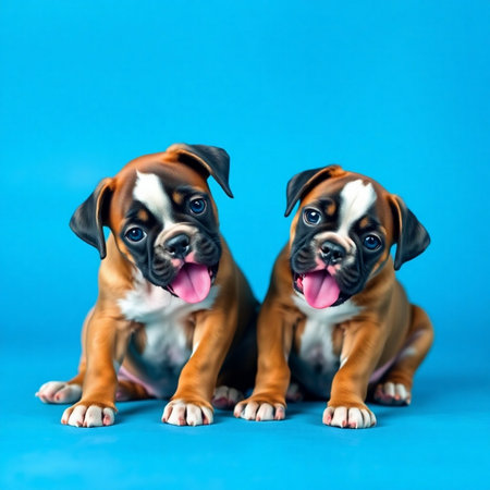 Two puppies of boxer breed on a blue background. Studio shot.の素材