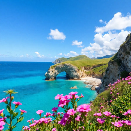 Beautiful beach with pink flowers and turquoise sea in Crimea, Ukraineの素材